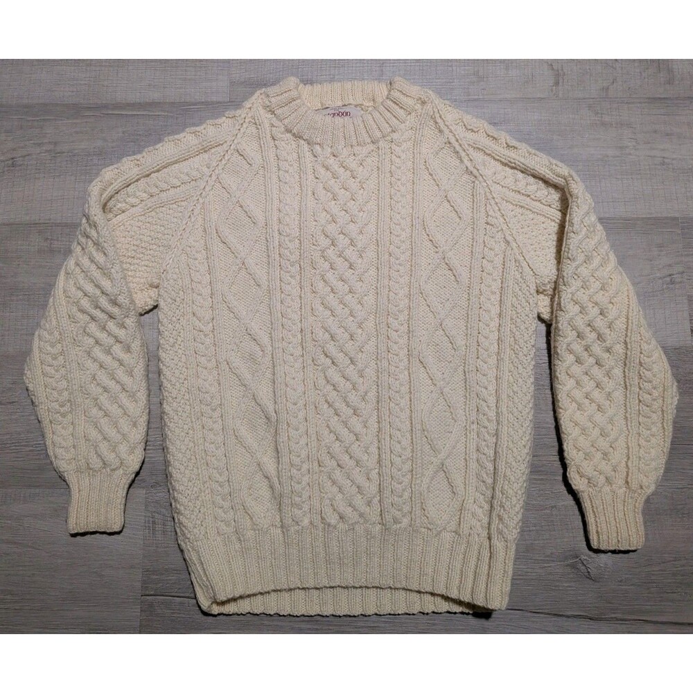 Standún Spiddal Ireland Aran Cable Knit Fisherman's Wool Sweater Men Sz L Cream